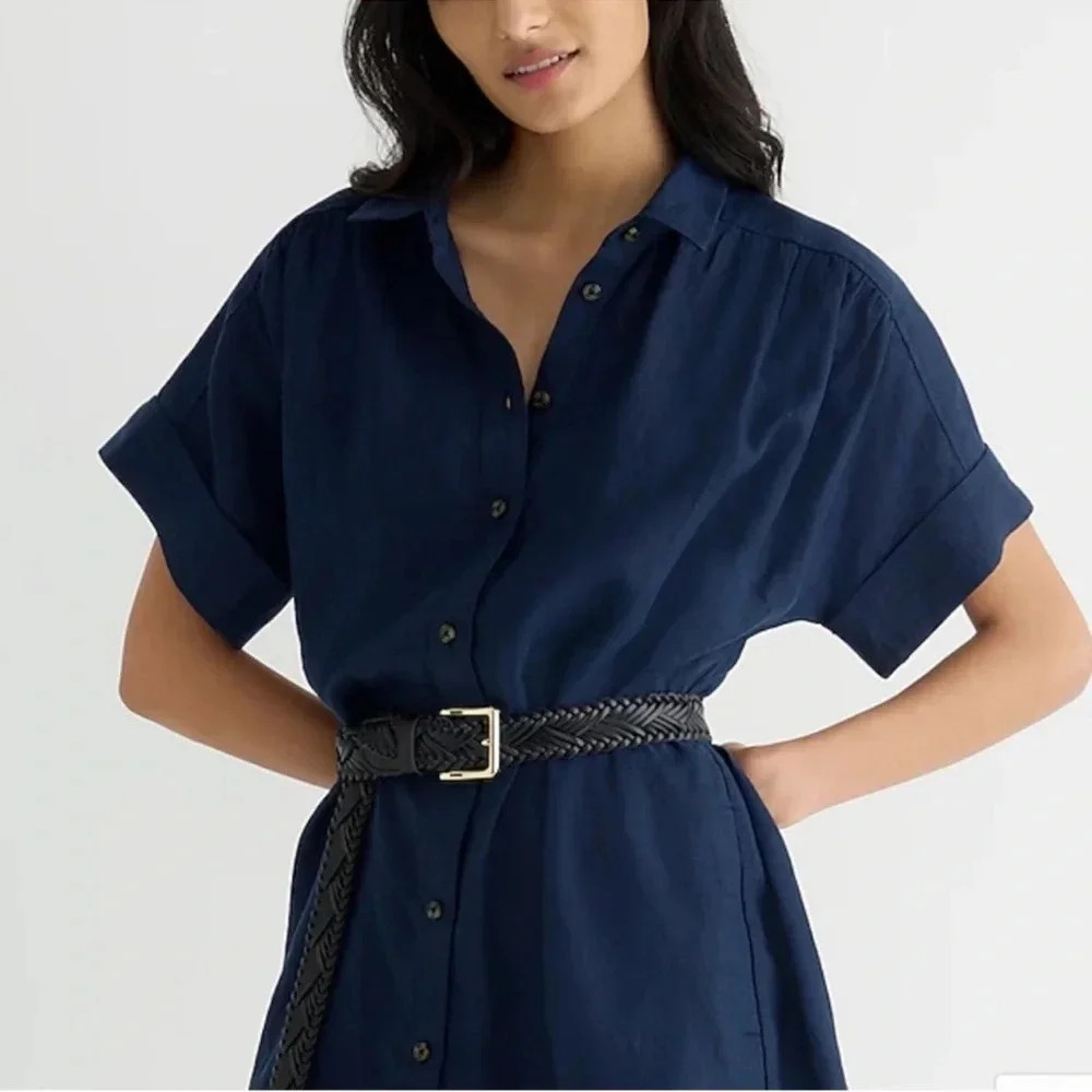 J. Crew Relaxed-fit linen shirtdress in Navy summertime preppy beach lunch date